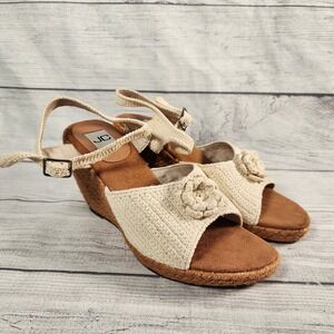 JC Women Size 8 Cream Crochet Flower Espadrille Wedge Sandals Boho Ankle Strap